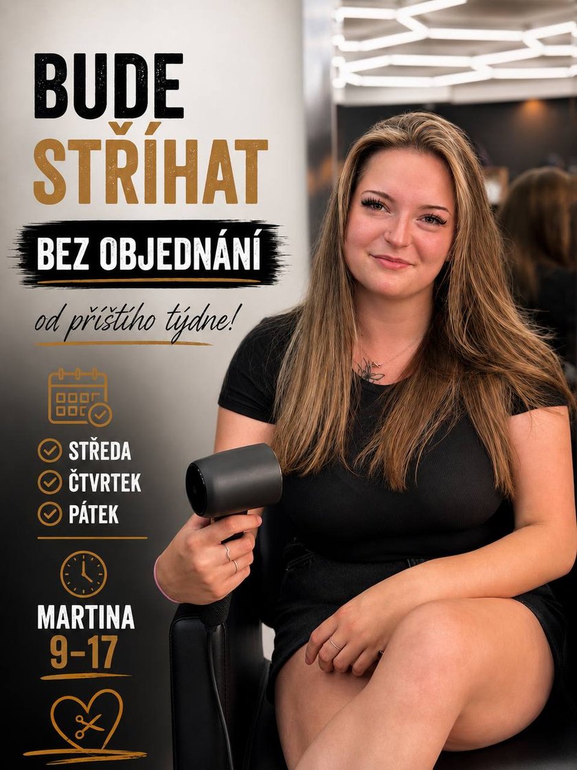 Martina – stříhá bez objednání, Středa/Čtvrtek/Pátek 9–17